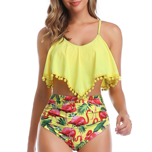 Tankini Set with Yellow Flamingo Print: yellow, pink flamingo tropical print, bright tropical style