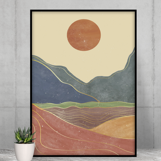 Premium Vertical Matte Posters of California Sun: beige, rust orange abstract landscape with sun, minimal abstract landscape