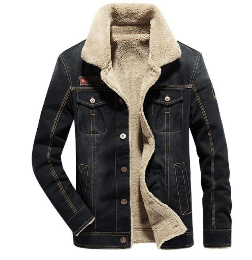 Black Denim Jacket for Men with Inner Faux Fur Lining