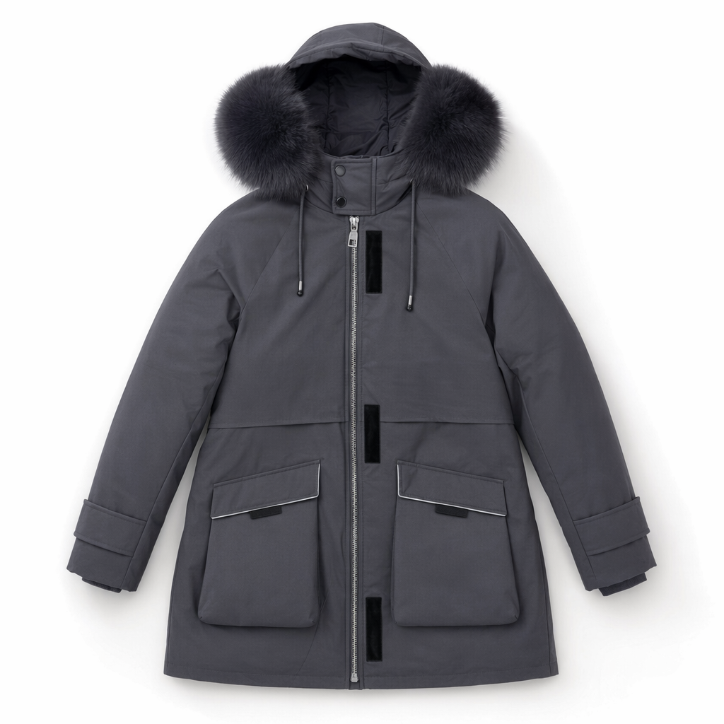 Mid-Length Women's Coat with Zipper and Faux Fur Hood Gray