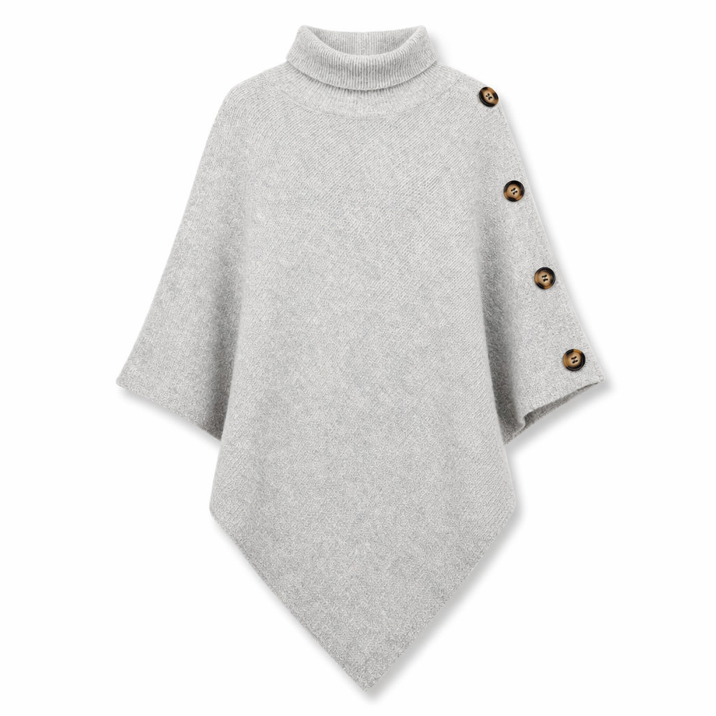 Side Button Detailed Turtleneck Poncho for Women Gray