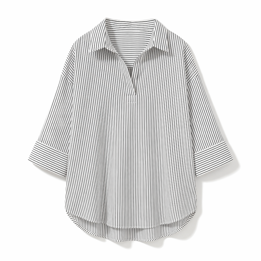 Quarter Sleeve Striped Shirt for Women with V-Neck Design White