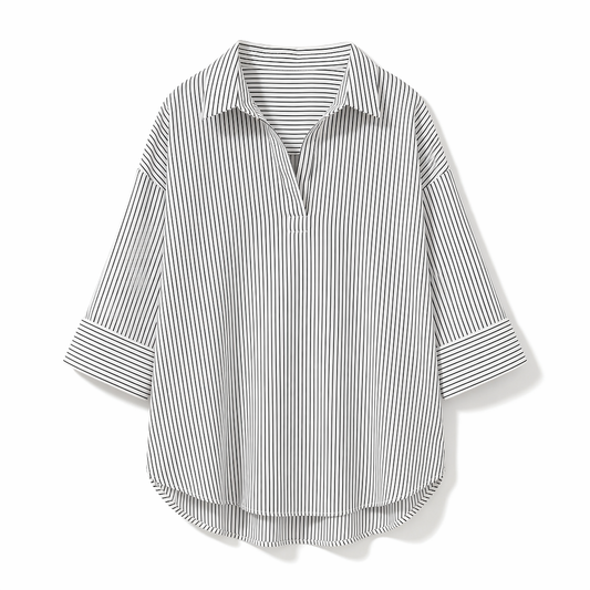 Quarter Sleeve Striped Shirt for Women with V-Neck Design White