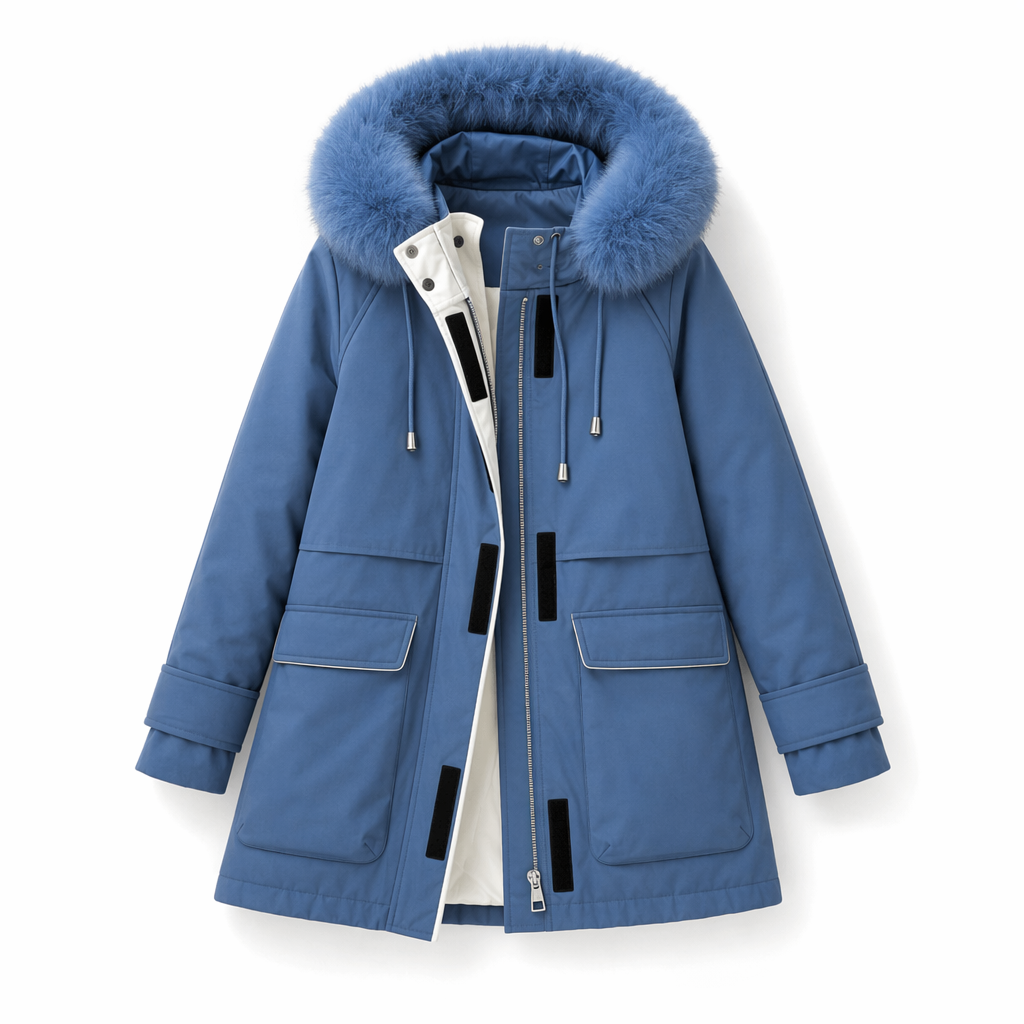 Mid-Length Women's Coat with Zipper and Faux Fur Hood Blue