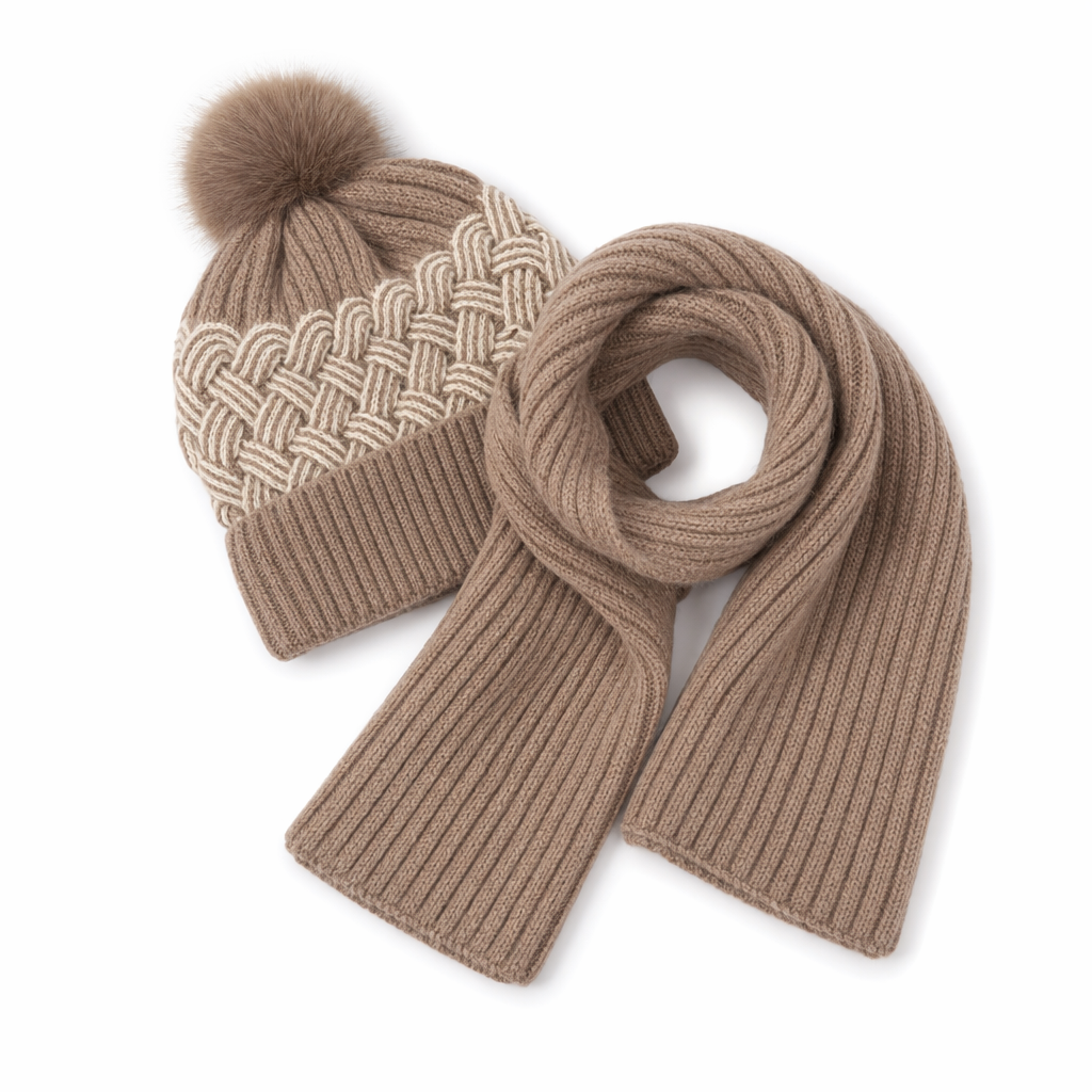 Warm Winter Scarf and Hat Set for Women Khaki