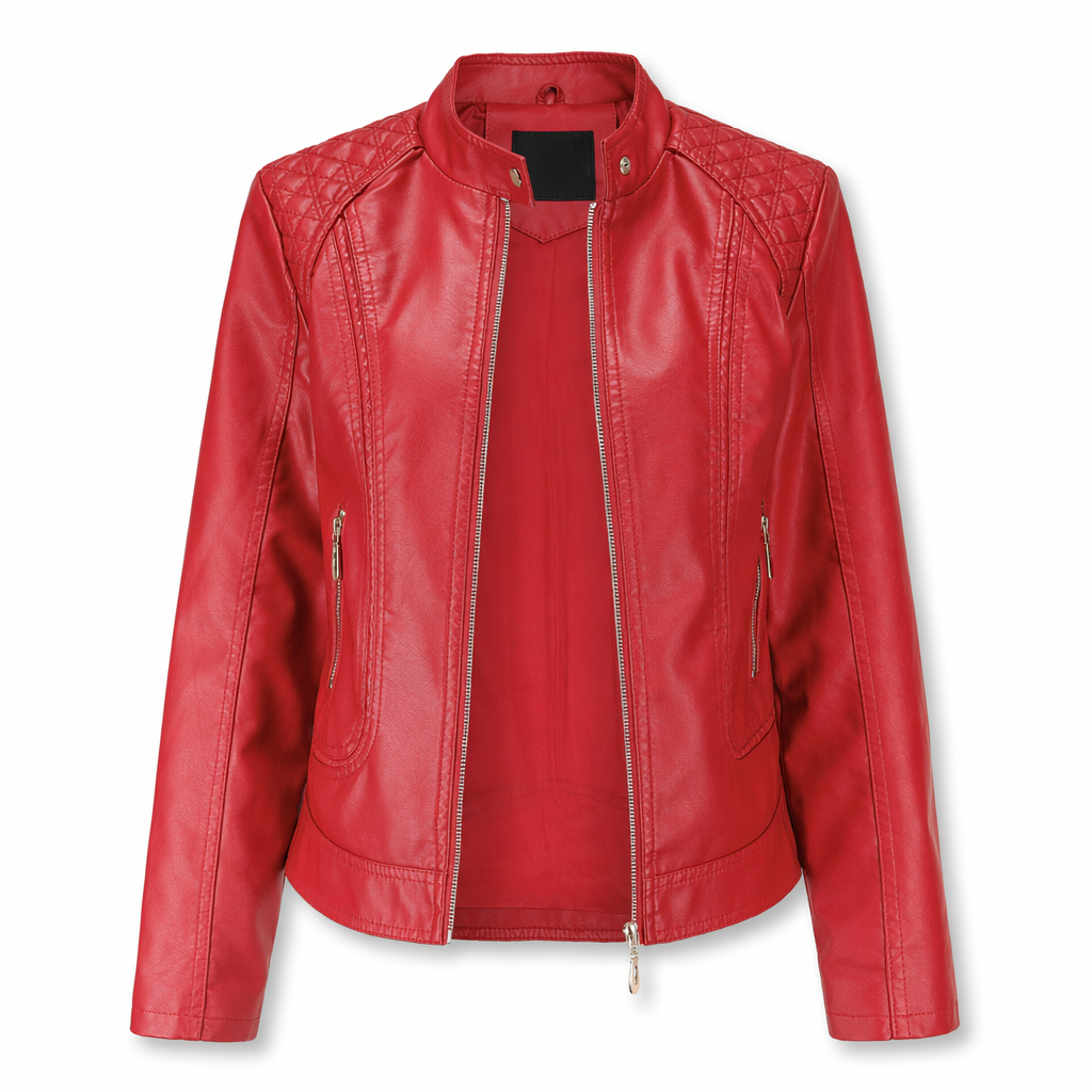 Soft Quilted Faux Leather Jacket for Women Red