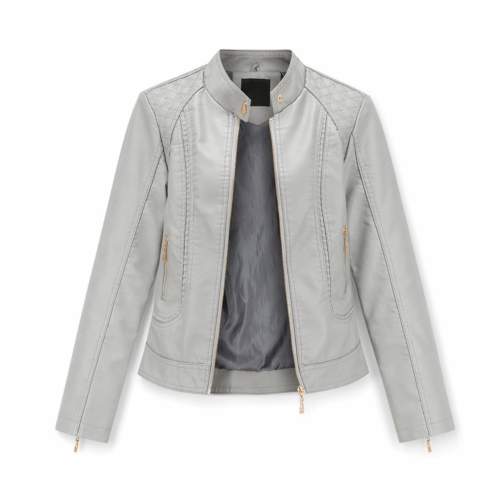 Soft Quilted Faux Leather Jacket for Women Gray
