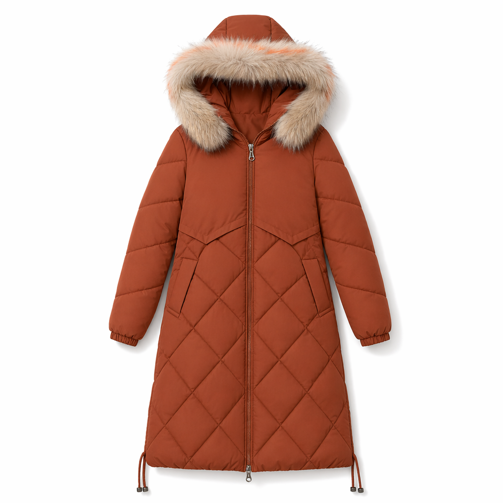 Long Coat for Women with a Hood Fur Trim and Zipper Closure Brown