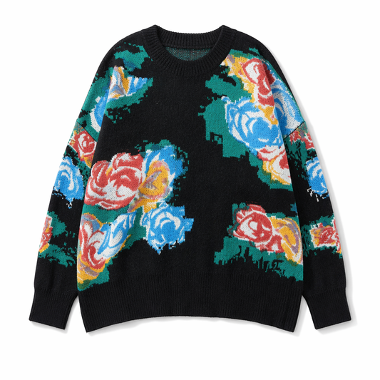 Floral Print Round Neck Women's Sweater: Maintaining Core Meaning with a Distinctive Twist Black