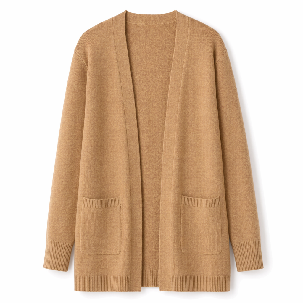 Knitted Open Cardigan for Women - Medium Length Khaki