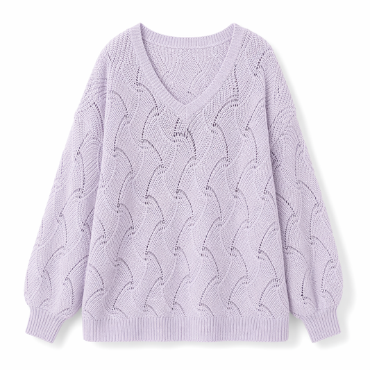 Open Knit Women's Sweater with a V-Neck Design Purple