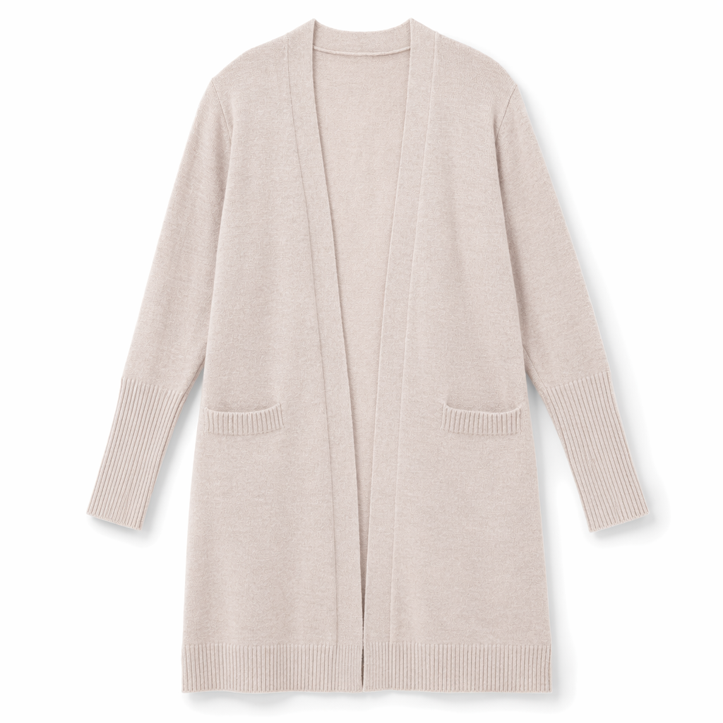 Knitted Open Cardigan for Women - Medium Length Beige
