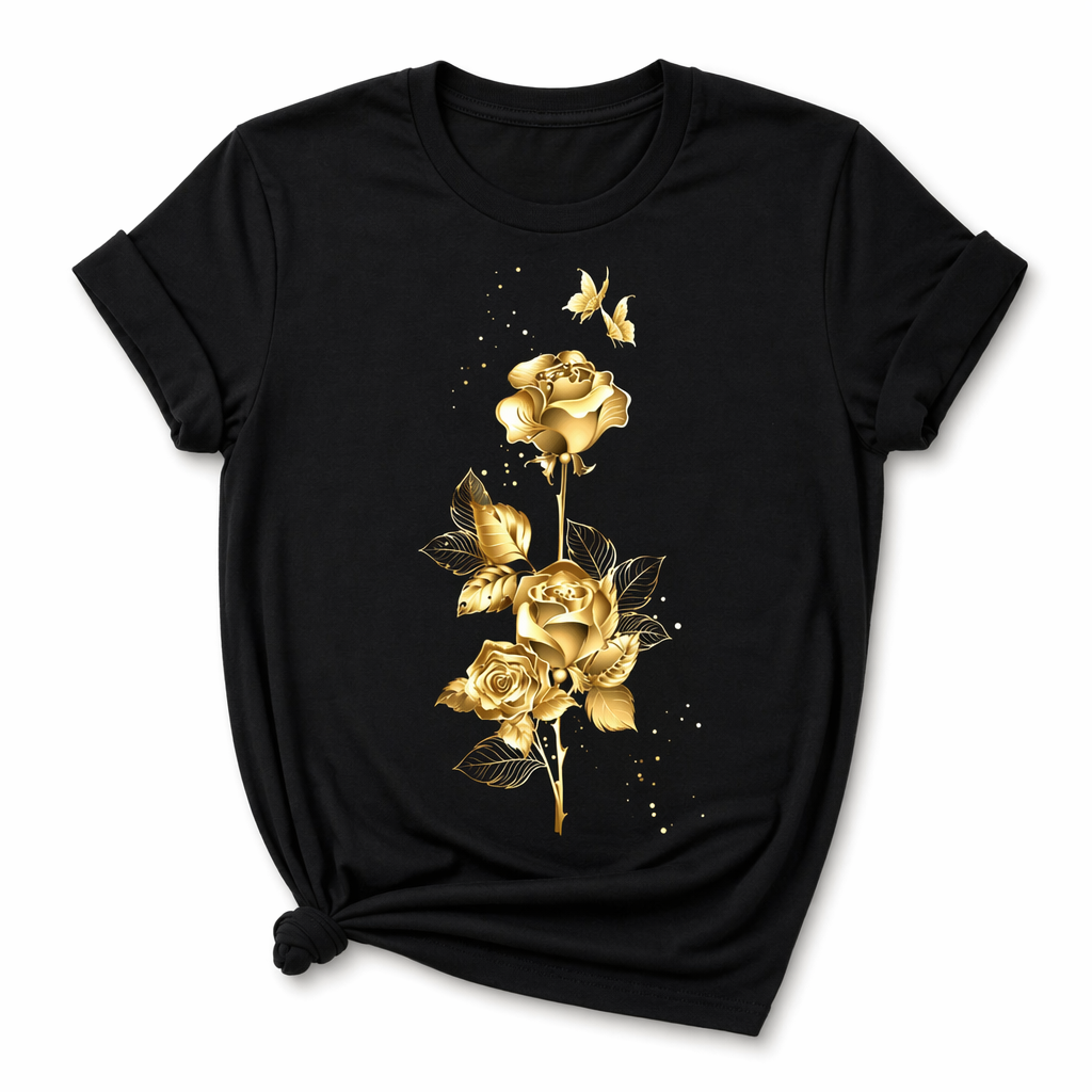 Golden Rose Design Women's Short Sleeve Black Tee for Summer A