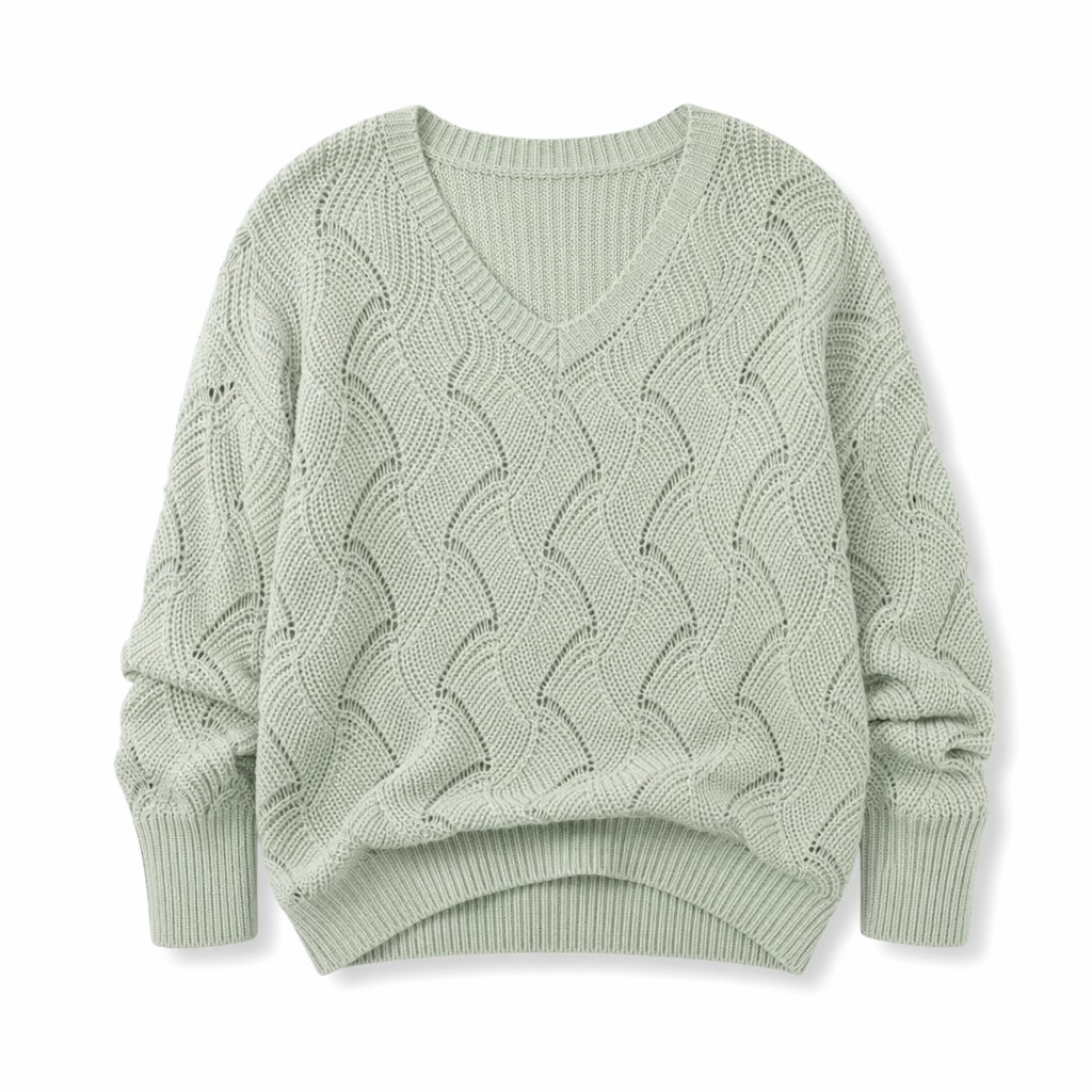 Open Knit Women's Sweater with a V-Neck Design Green