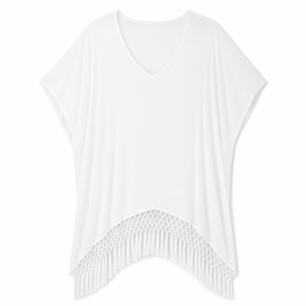 Women's Tasseled V-Neck Swimsuit Cover-Up White