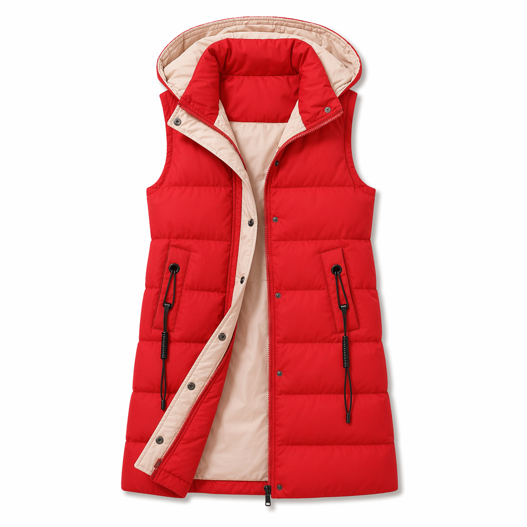 Red High Collar Hooded Puffer Winter Vest for Women Default
