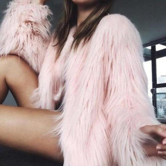 Pink Faux Fur Coat for Women: pale pink, white outerwear garment, glamorous style