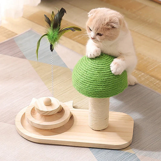 Toy-Infused Pet Tree Scratching Post: light wood, green cat, minimal natural pet accessory style