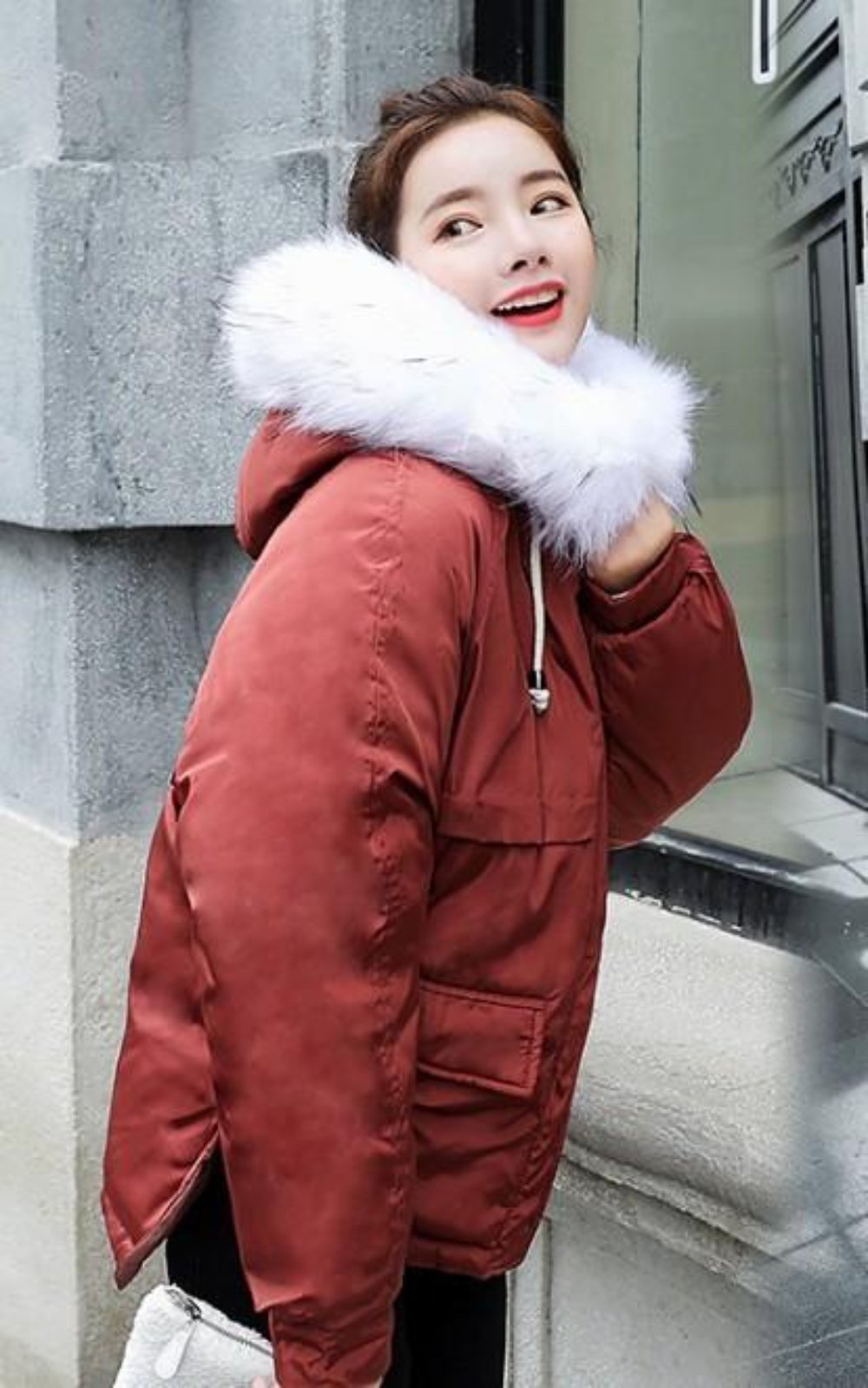 Red Hooded Winter Puffer Jacket for Women