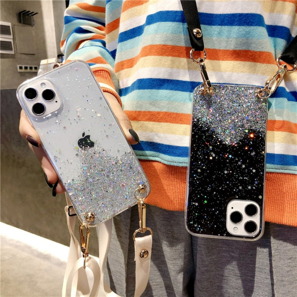 Glittery Guarding Cover for iPhone with Lanyard