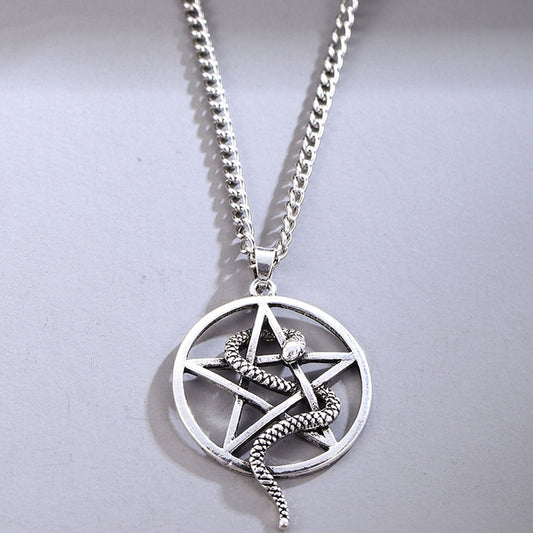 Snake Necklace, A Symbolic Five-Pointed Star Design: silver snake and pentagram, gothic occult style
