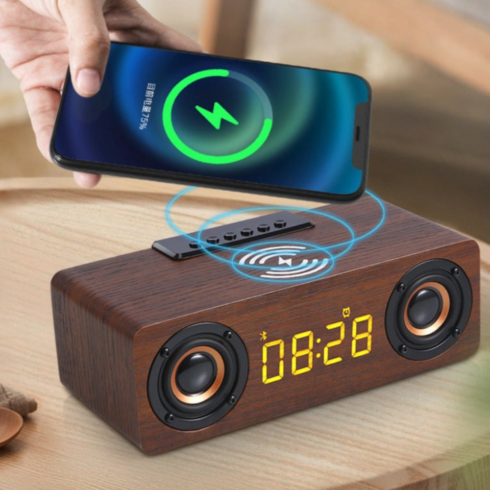 Retro-inspired Wooden Alarm Clock Radio with Wireless Charging and Bluetooth Speaker