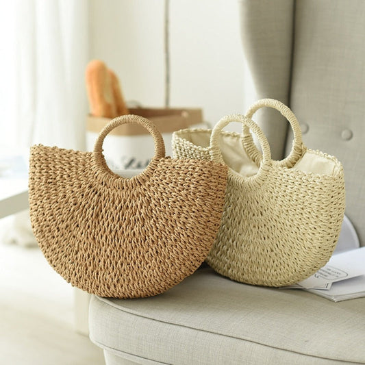 Summer Top Handle Circular Straw Bag: tan brown, light cream woven handbags, minimal natural style