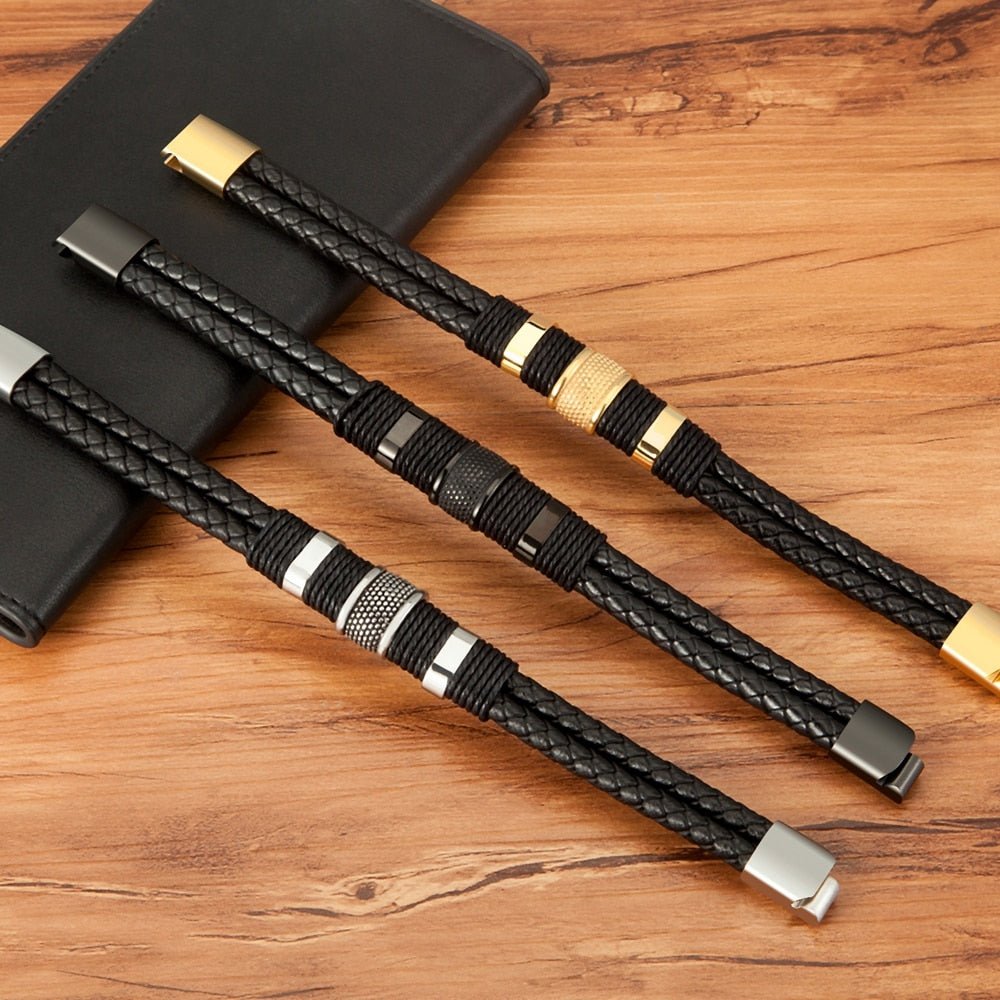 Stainless Steel Accented Vegan Leather Wristband