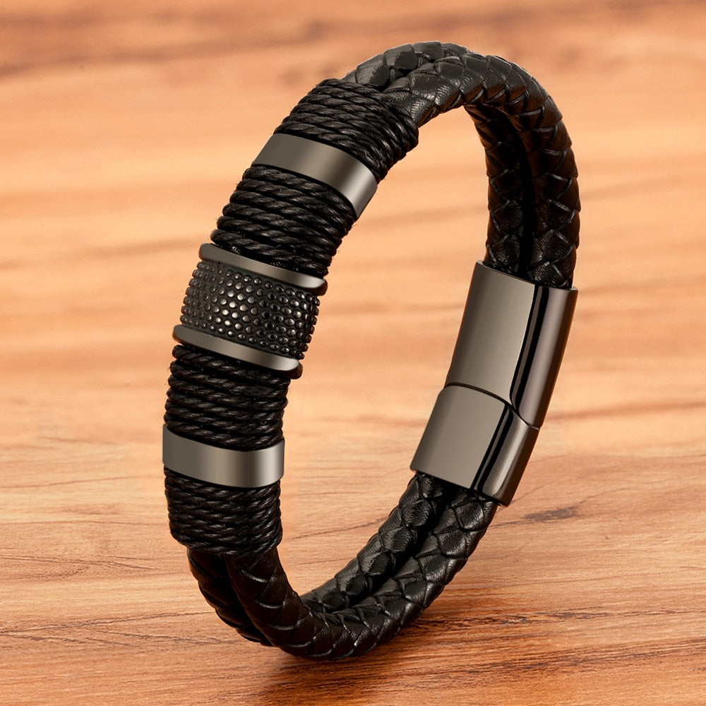Stainless Steel Accented Vegan Leather Wristband