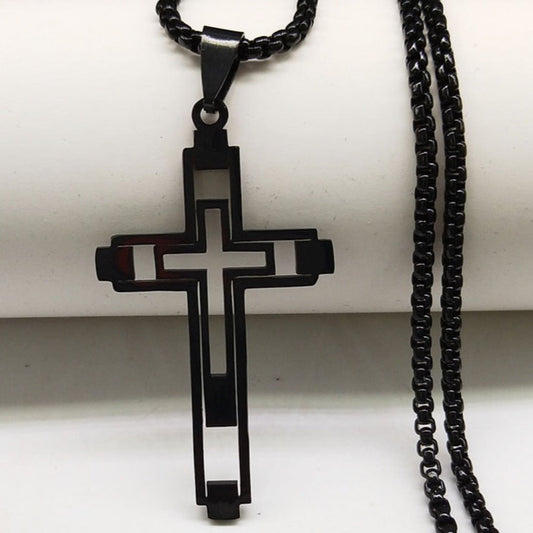 Cross Hollow Necklace: black, silver/gray cross, minimal style