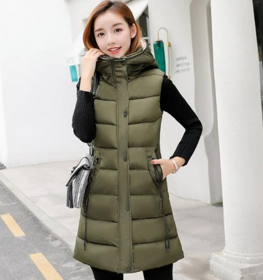 Army Green Puffer Vest with High Collar and Hood for Women's Winter Wear