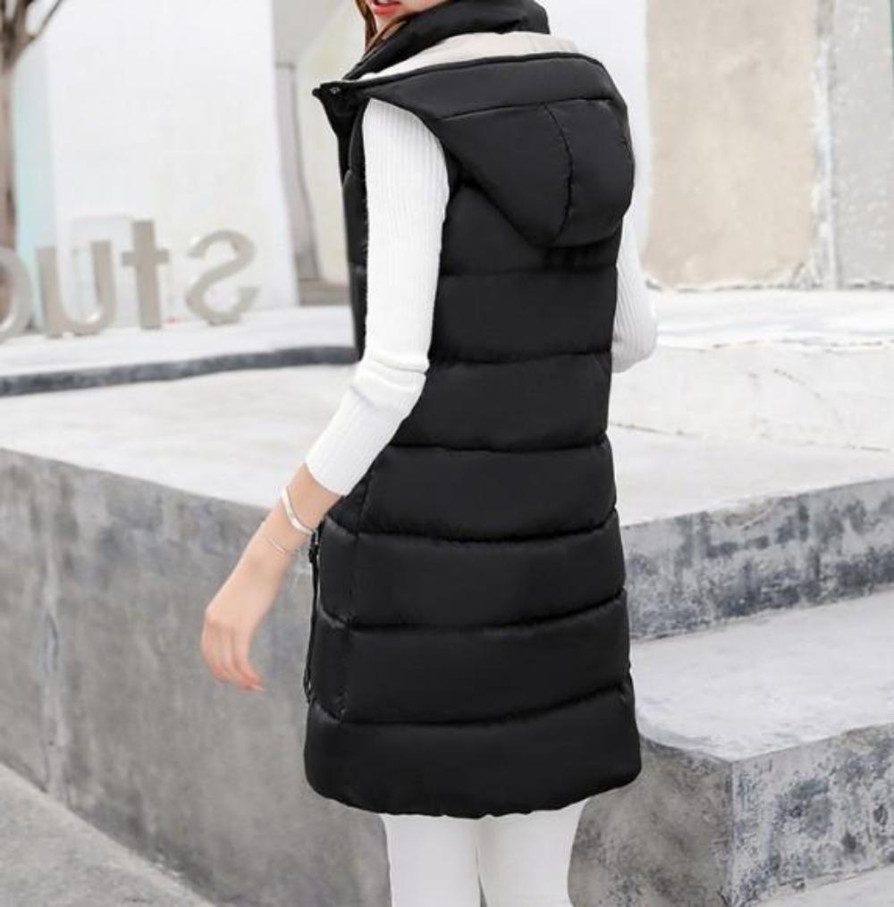 Army Green Puffer Vest with High Collar and Hood for Women's Winter Wear