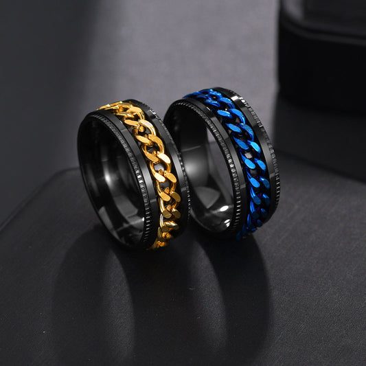 Rotating Black Chain Style Men's Stainless Steel Ring: black, gold rings, bold modern style