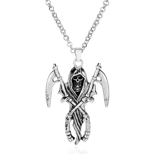 Double Sickle Necklace of the Divine Reaper: silver Grim Reaper skeleton figure, gothic style