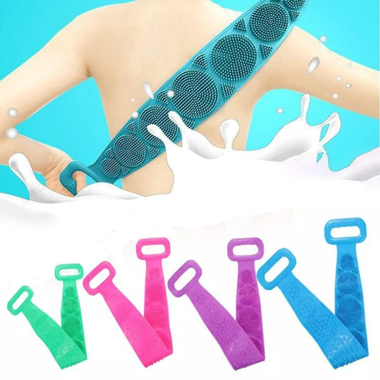 Silicone Scrubbing Belt for Exfoliating the Body: teal, green exfoliating scrub straps, minimal product illustration style