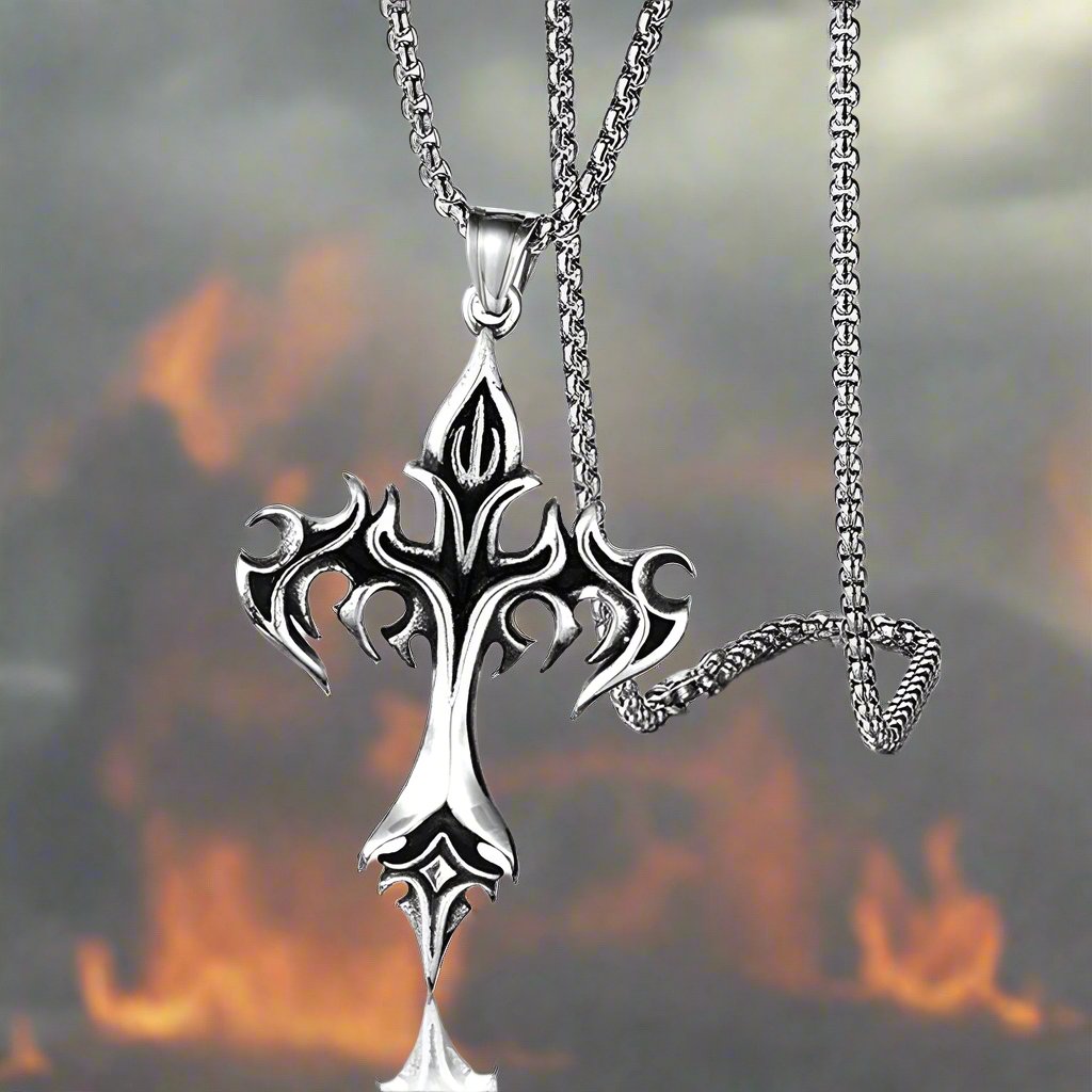 Fiery Gothic Cross Pendant Necklace