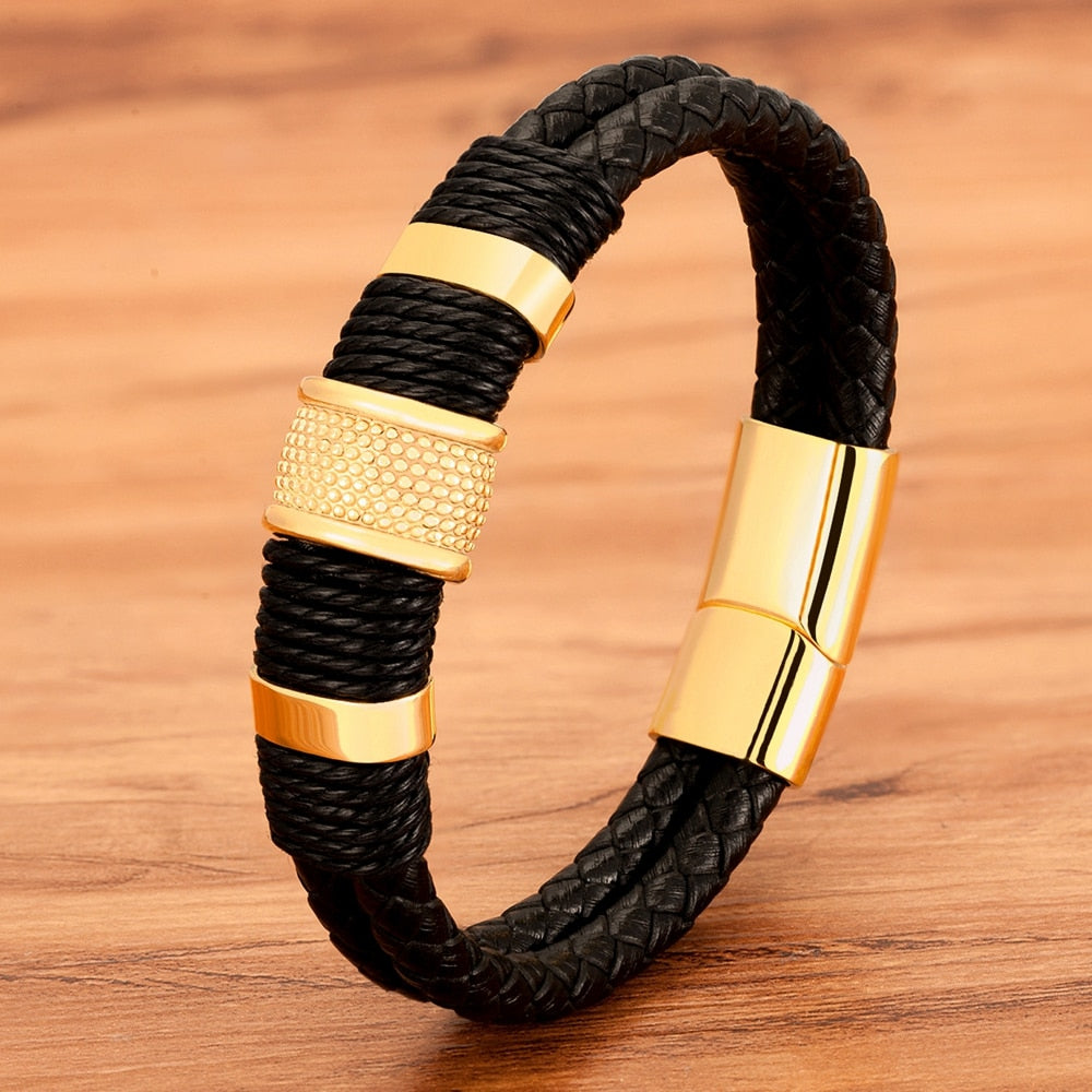Stainless Steel Accented Vegan Leather Wristband
