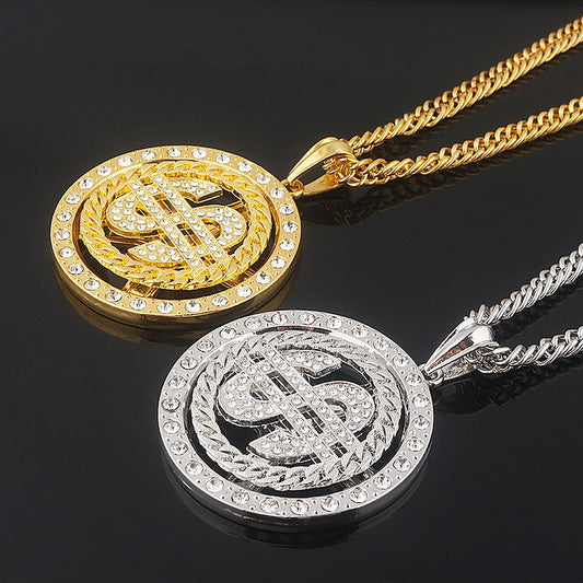 Rotating Dollar Sign Necklace with Hip Hop Style: gold, silver dollar sign, bold hip-hop jewelry style