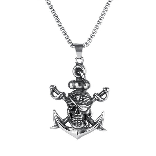 Double-Edged Sword Pirate Anchor Pendant Necklace: silver, dark gray pirate skull with anchor, pirate-themed gothic style