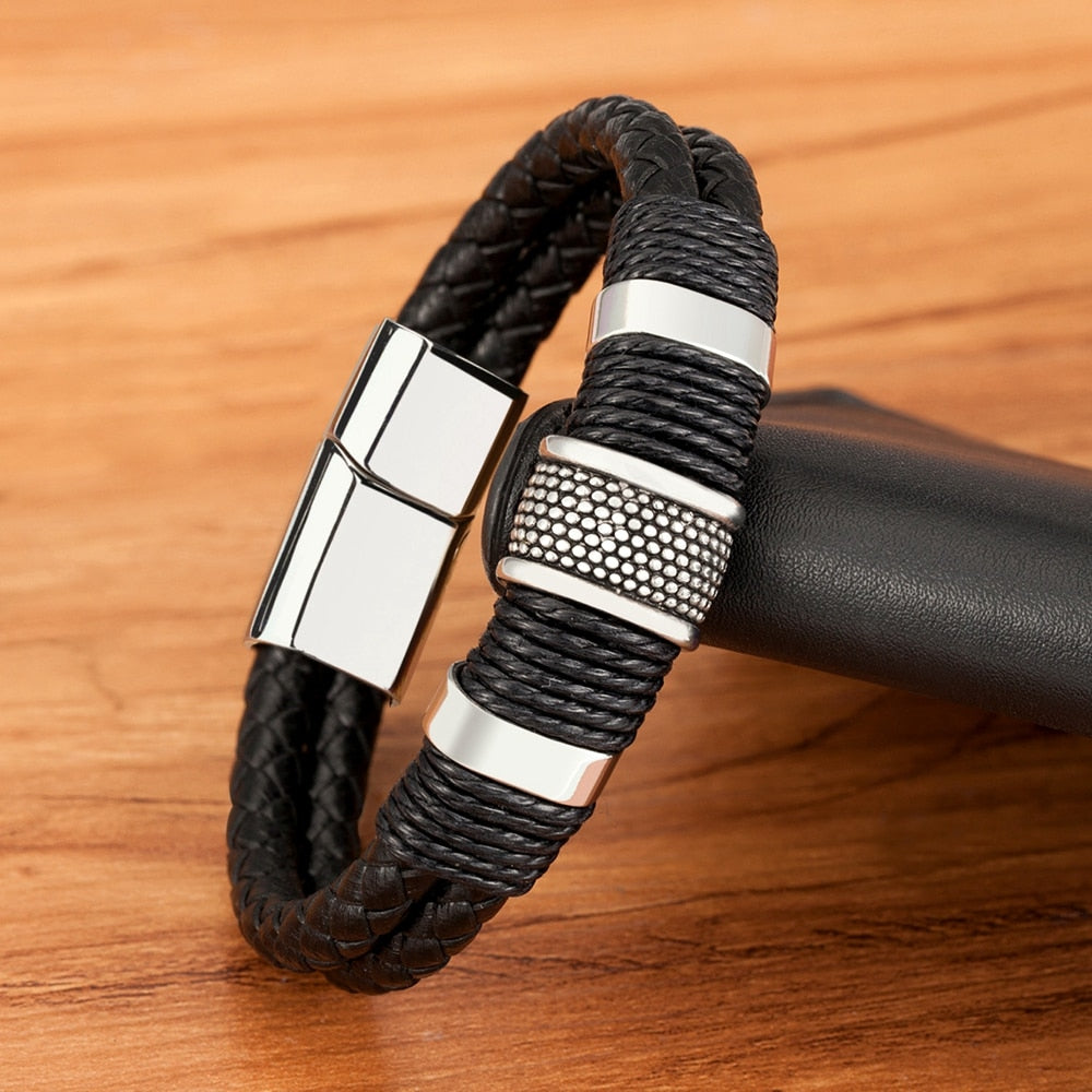 Stainless Steel Accented Vegan Leather Wristband