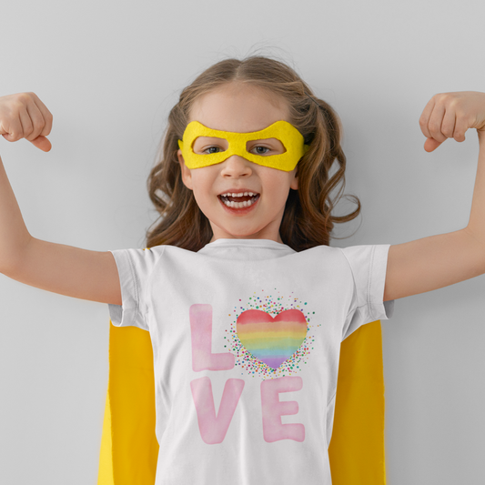 Children Adore Themed T-Shirt: yellow, white superhero-themed child costume, playful cartoon superhero style