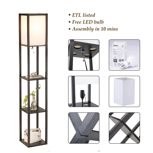 Contemporary Shelf Lighting Lamp: dark brown/black, white floor lamp with shelves, minimal modern style
