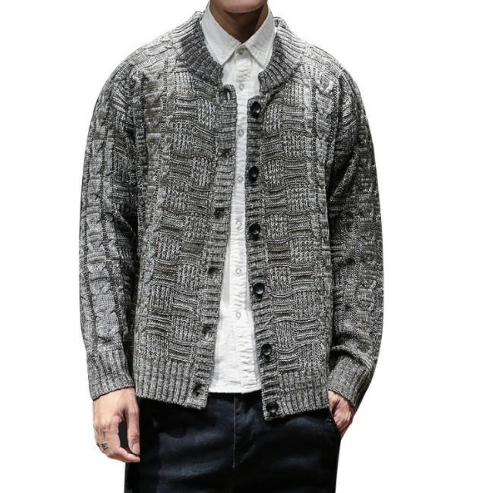 Khaki Button Front Crew Neck Men's Cardigan