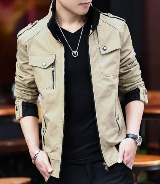 Casual Zipper Jacket for Men with Military-Inspired Look: khaki beige, black jacket, casual military-inspired style