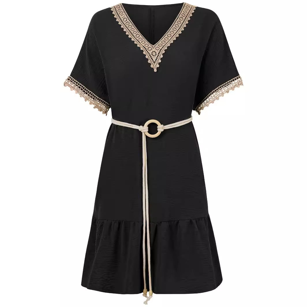 Lace Detailed Flowy V-Neck Dress