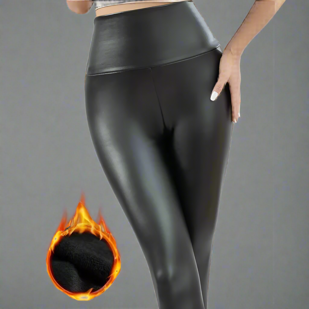 Fleece Lined Vegan Leather Yoga Leggings with High Waist for Winter