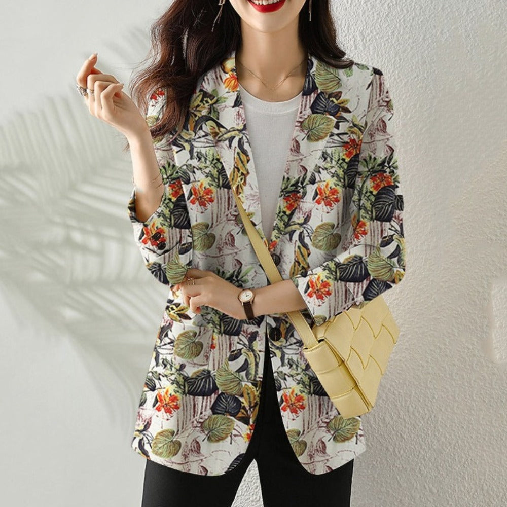 Floral Long Sleeve Blazer with Double Buttons for Women