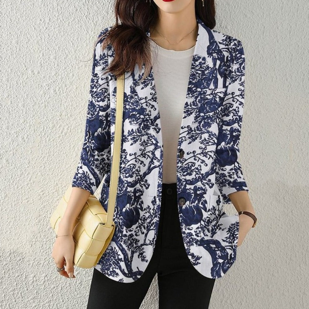 Floral Long Sleeve Blazer with Double Buttons for Women