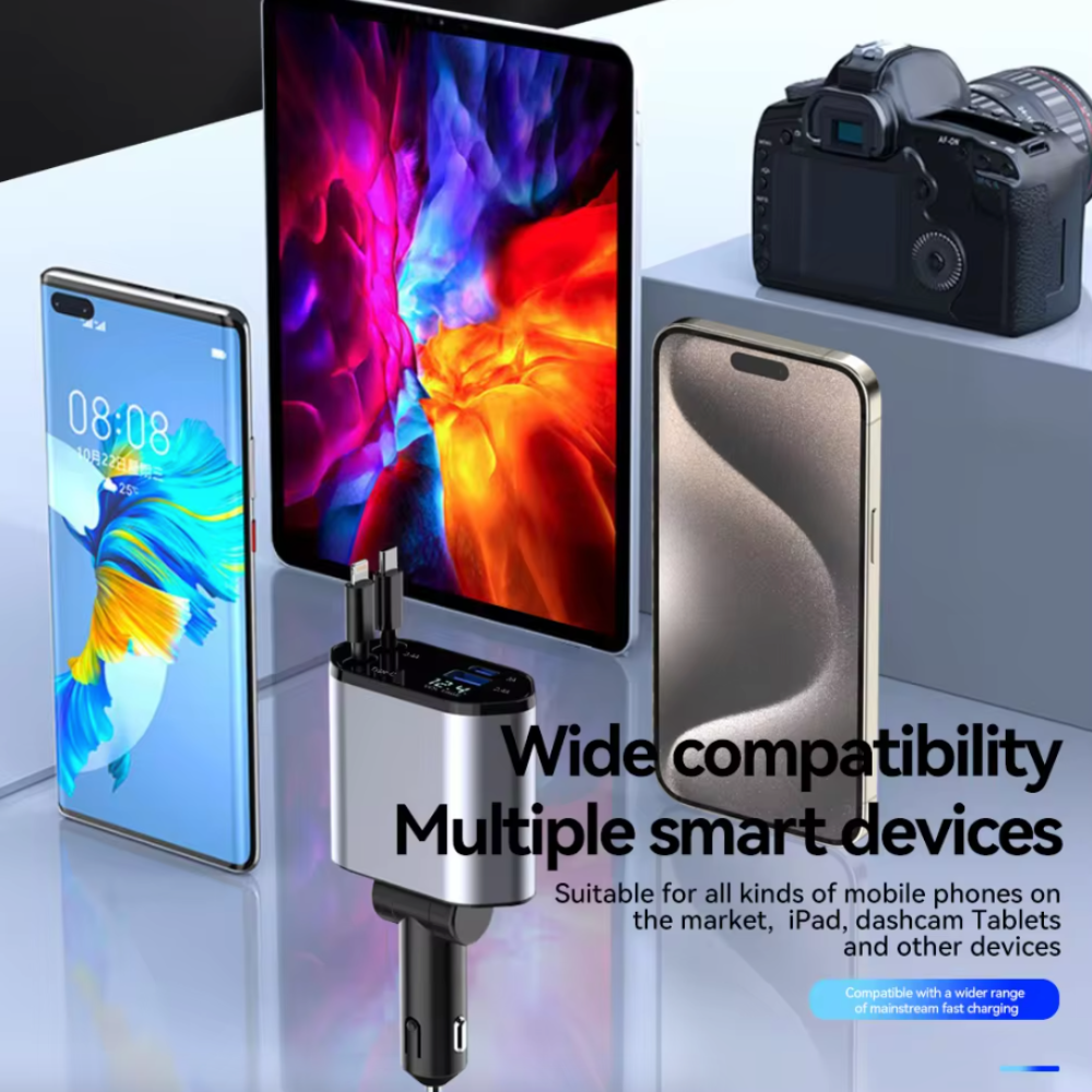 Retractable Car Charger with 120W Fast Charging and 4-in-1 Compatibility