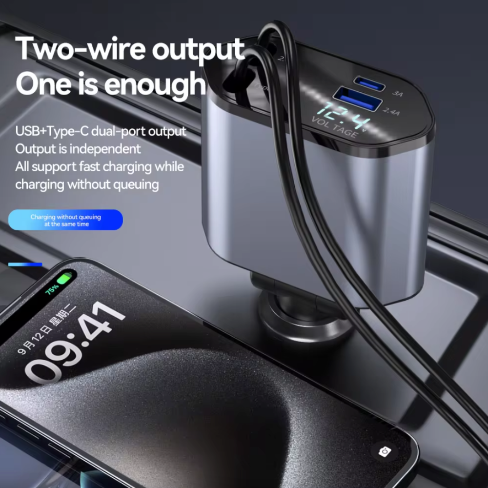 Retractable Car Charger with 120W Fast Charging and 4-in-1 Compatibility